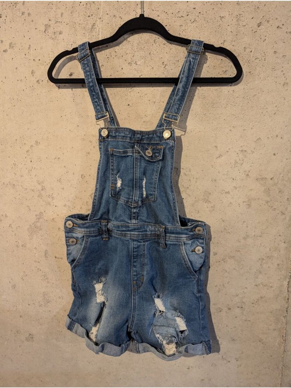 Denim Distressed High-Rise Short Overalls Papaya M With Adjustable Straps